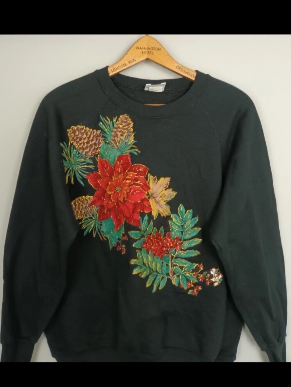 Vintage Panill XL Christmas Poinsettia Floral Embellished Sweatshirt Made USA